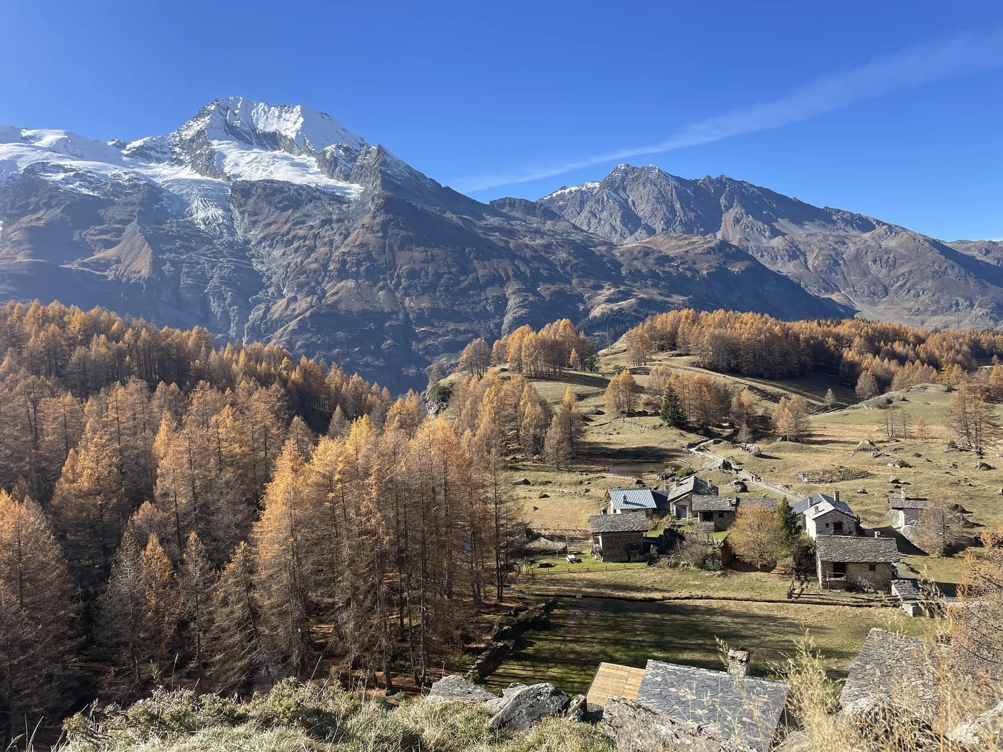 Mélèzes dorés d'automne au-dessus de la vallée